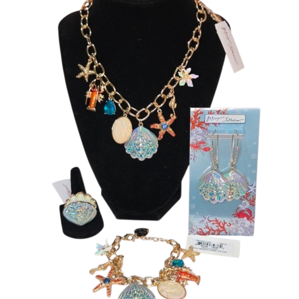 Betsey Johnson Nautical Seashell Charm Necklace, Bracelet Ring Earring Set